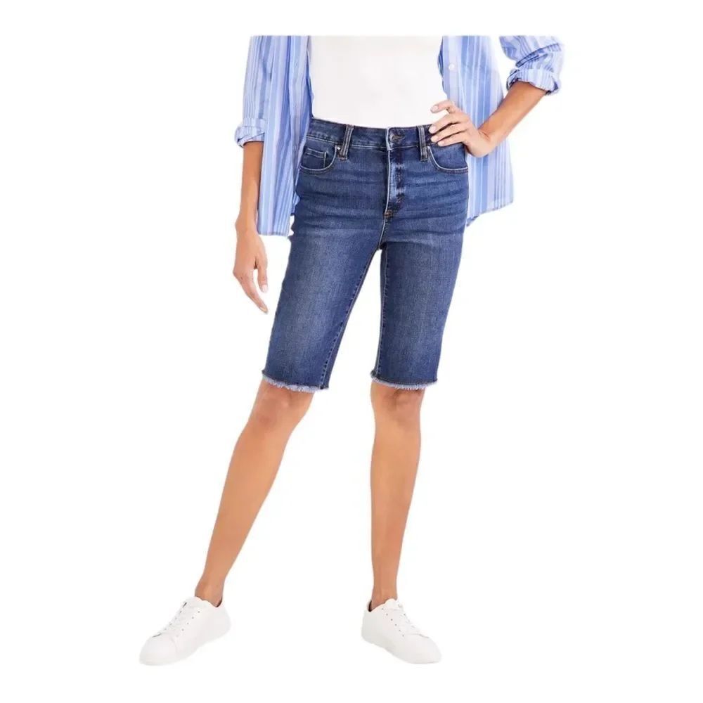 Style & Co Womens Mid-Rise Raw-Edge Bermuda Jean Shorts Blue Lapis 2 NWT